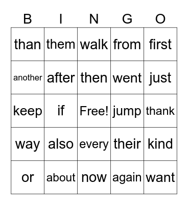 Sight Words Bingo Card