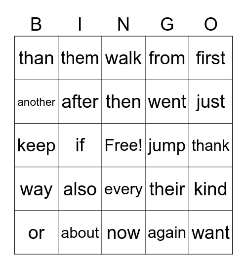 Sight Words Bingo Card