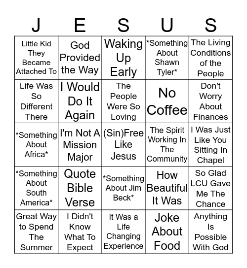 Mission Chapel Bingo Card