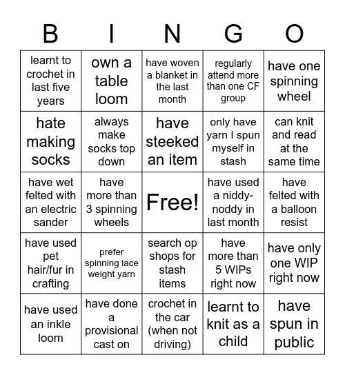 Creative Fibre 2 Bingo Card