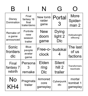 Summer games fest Bingo Card