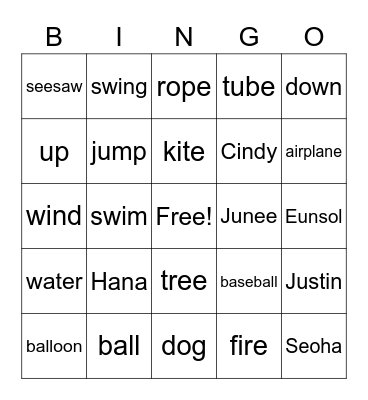 The swing goes up Bingo Card