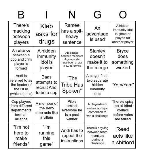 NoPixel Survivor Season 2 Bingo Card