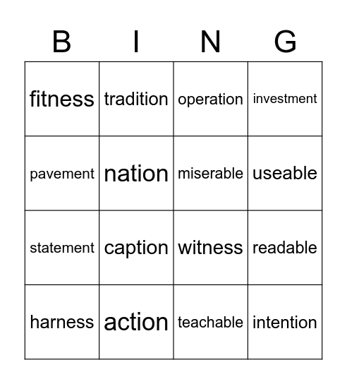BL Suffixes Bingo Card