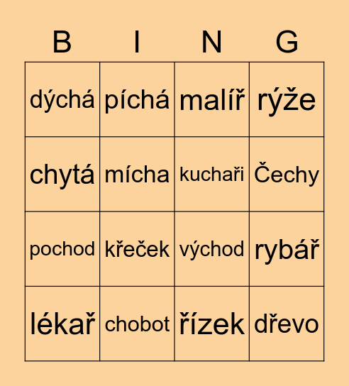slova s písmenem Ch, ch Bingo Card