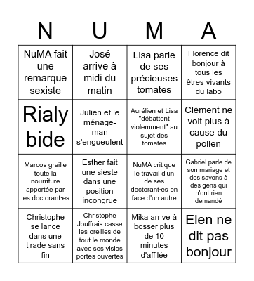 Numa Bingo Card