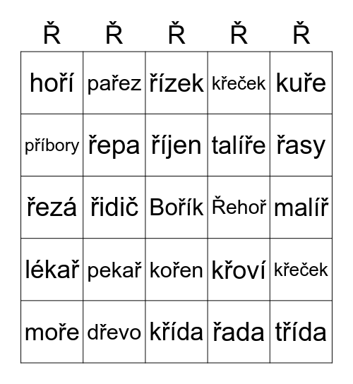 Písmeno Ř Bingo Card