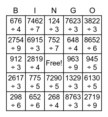 Short Division Bingo Card