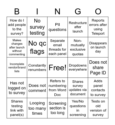 Survey Rookie Bingo Card