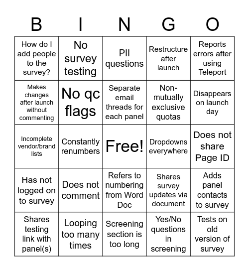 Survey Rookie Bingo Card