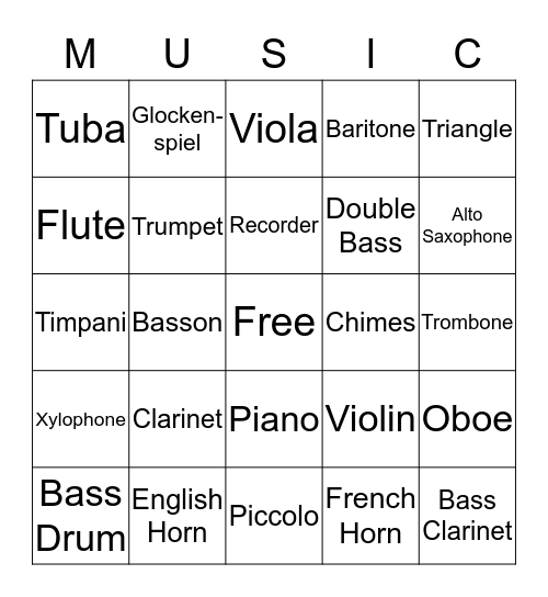 Instrument Families Bingo Card