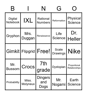 7th Grade Bingo Card