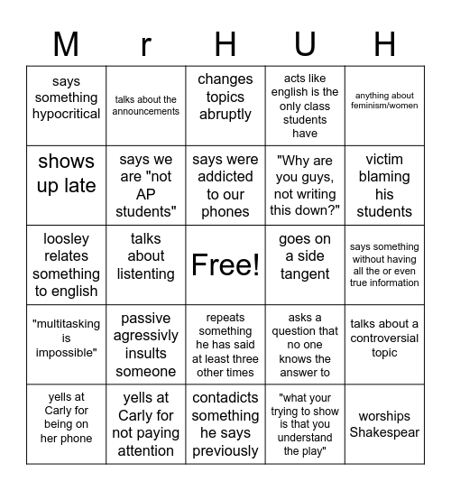 Mr Huh Bingo Card