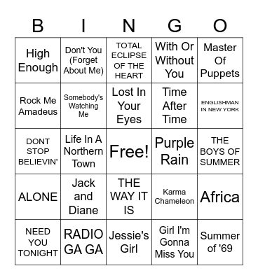 1980s Music Bingo Card
