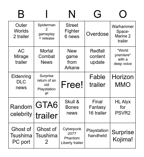 Summer Game Fest Bingo Card