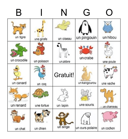 Les animaux Bingo Card