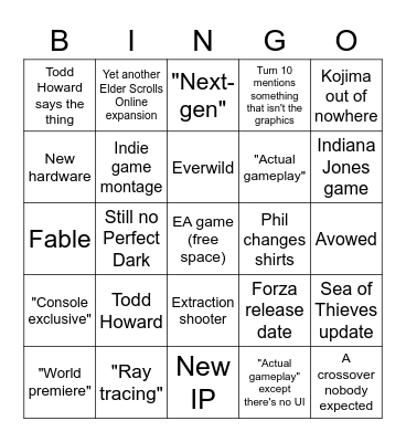 Xbox 2023 showcase Bingo Card