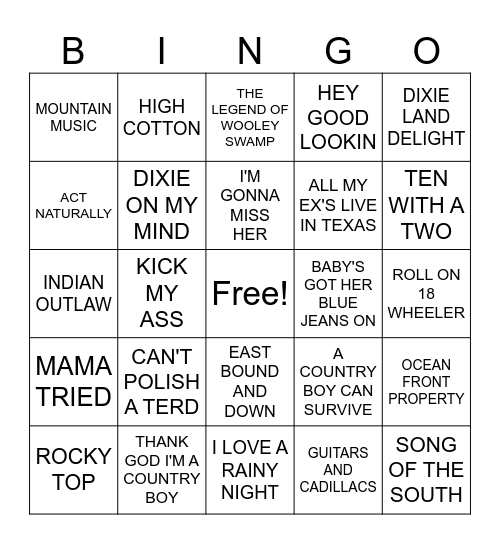 Country hits bingo card