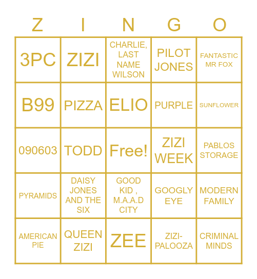 ZIZI-GO Bingo Card