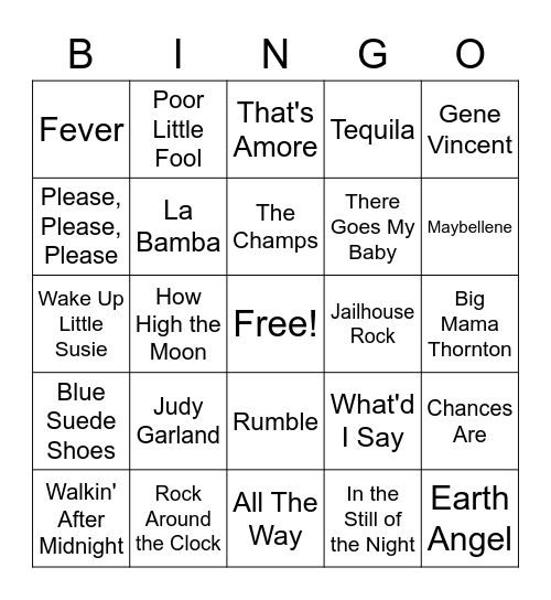 50s Music Bingo Card