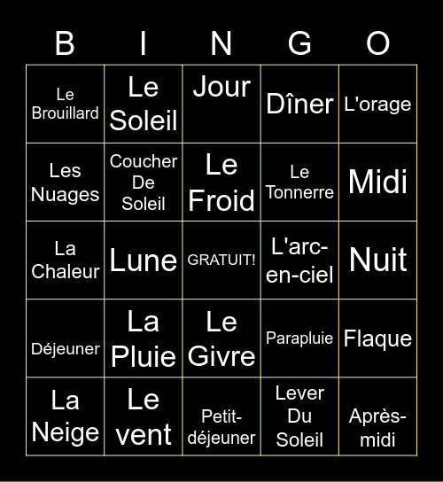 French weather and time of day Bingo Card