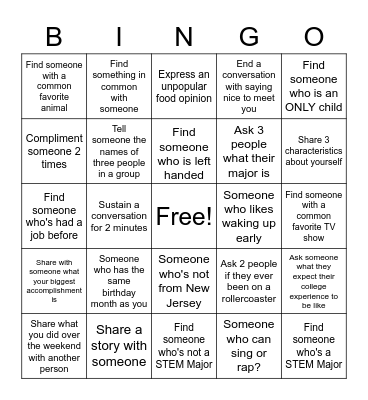College Social Bingo Card