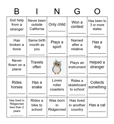 Name:_____________________ Bingo Card