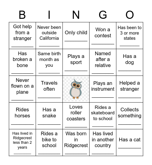 Name:_____________________ Bingo Card