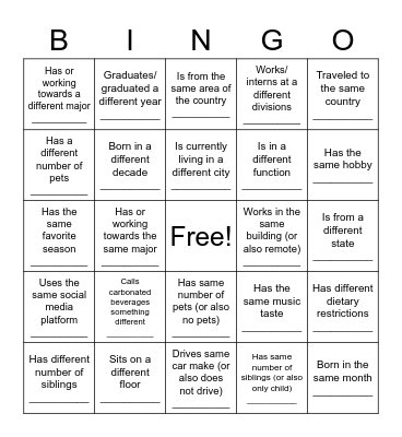 SEP Intern Picnic Bingo Card