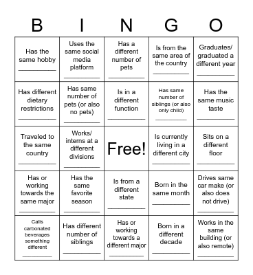 SEP Intern Picnic Bingo Card
