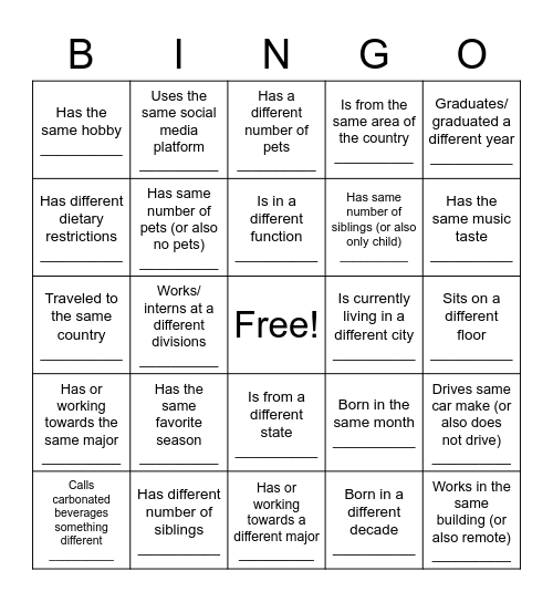 SEP Intern Picnic Bingo Card