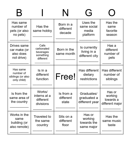 SEP Intern Picnic Bingo Card