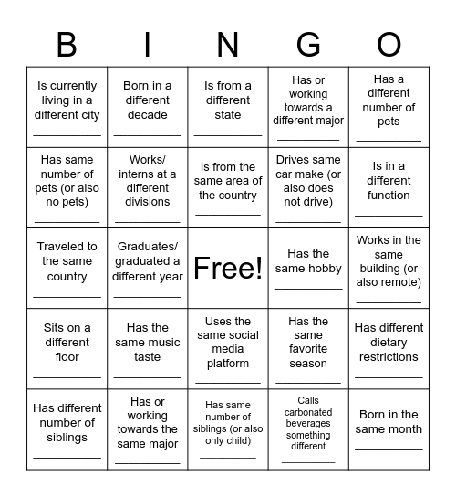 SEP Intern Picnic Bingo Card
