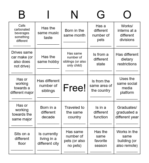 SEP Intern Picnic Bingo Card