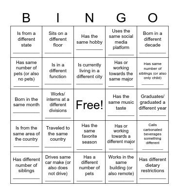 SEP Intern Picnic Bingo Card