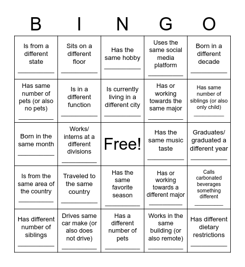 SEP Intern Picnic Bingo Card