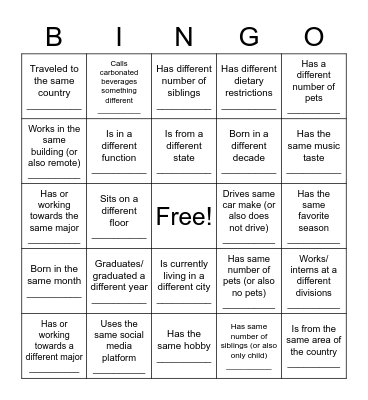 SEP Intern Picnic Bingo Card