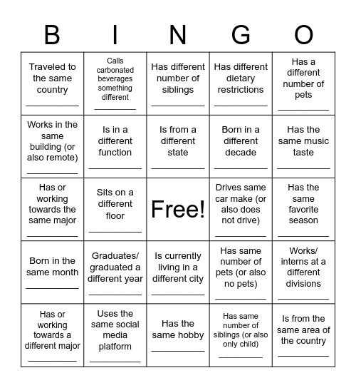 SEP Intern Picnic Bingo Card
