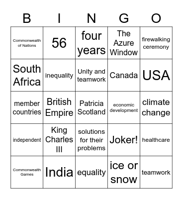 The Commonwealth Bingo Card