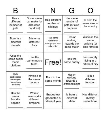 SEP Intern Picnic Bingo Card