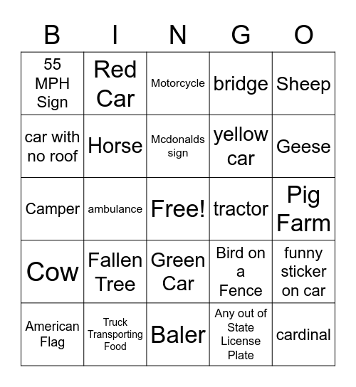 Road Trip Bingo Card