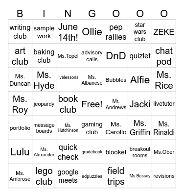 Middle School Awesomeness Bingo Card