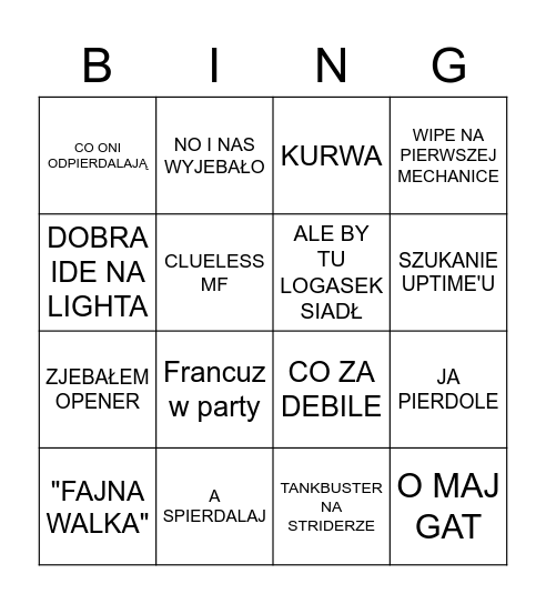 Strider Party Finder Adventures Bingo Card