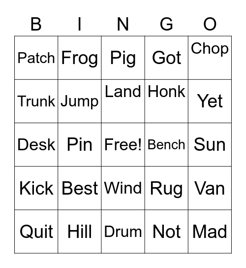 Short Vowels Bingo Card