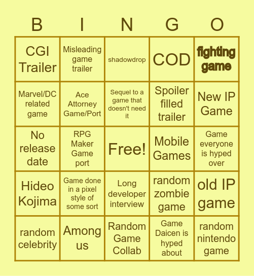 Summer Game Fest Bingo Card