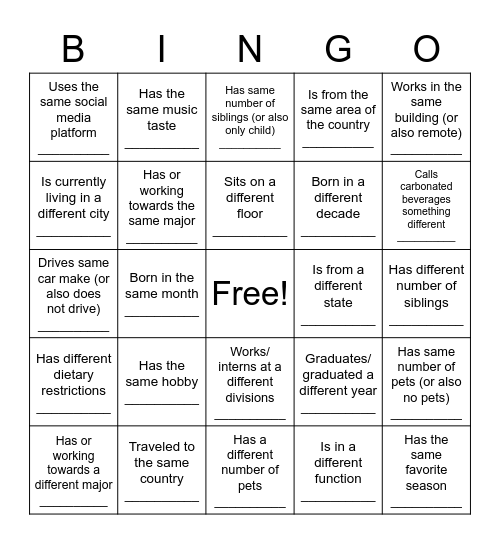 SEP Intern Picnic Bingo Card