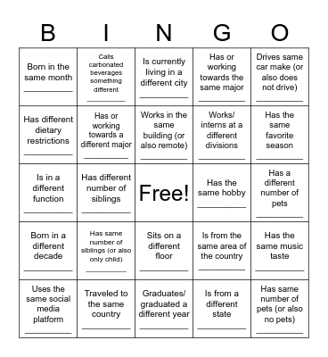 SEP Intern Picnic Bingo Card