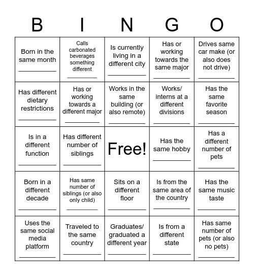 SEP Intern Picnic Bingo Card