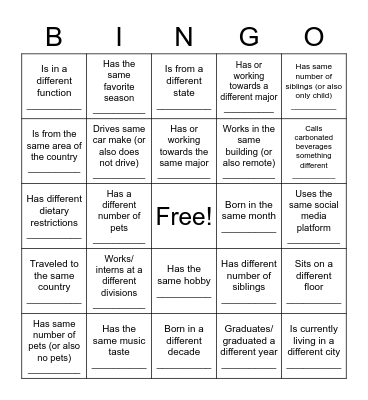 SEP Intern Picnic Bingo Card