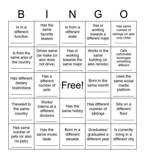 SEP Intern Picnic Bingo Card